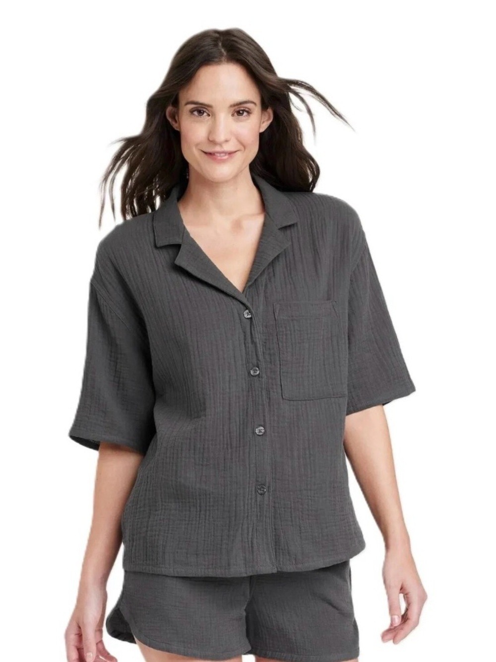 STARS ABOVE Charcoal Gray Short Sleeve Notch Collar Pajama Top sz Small